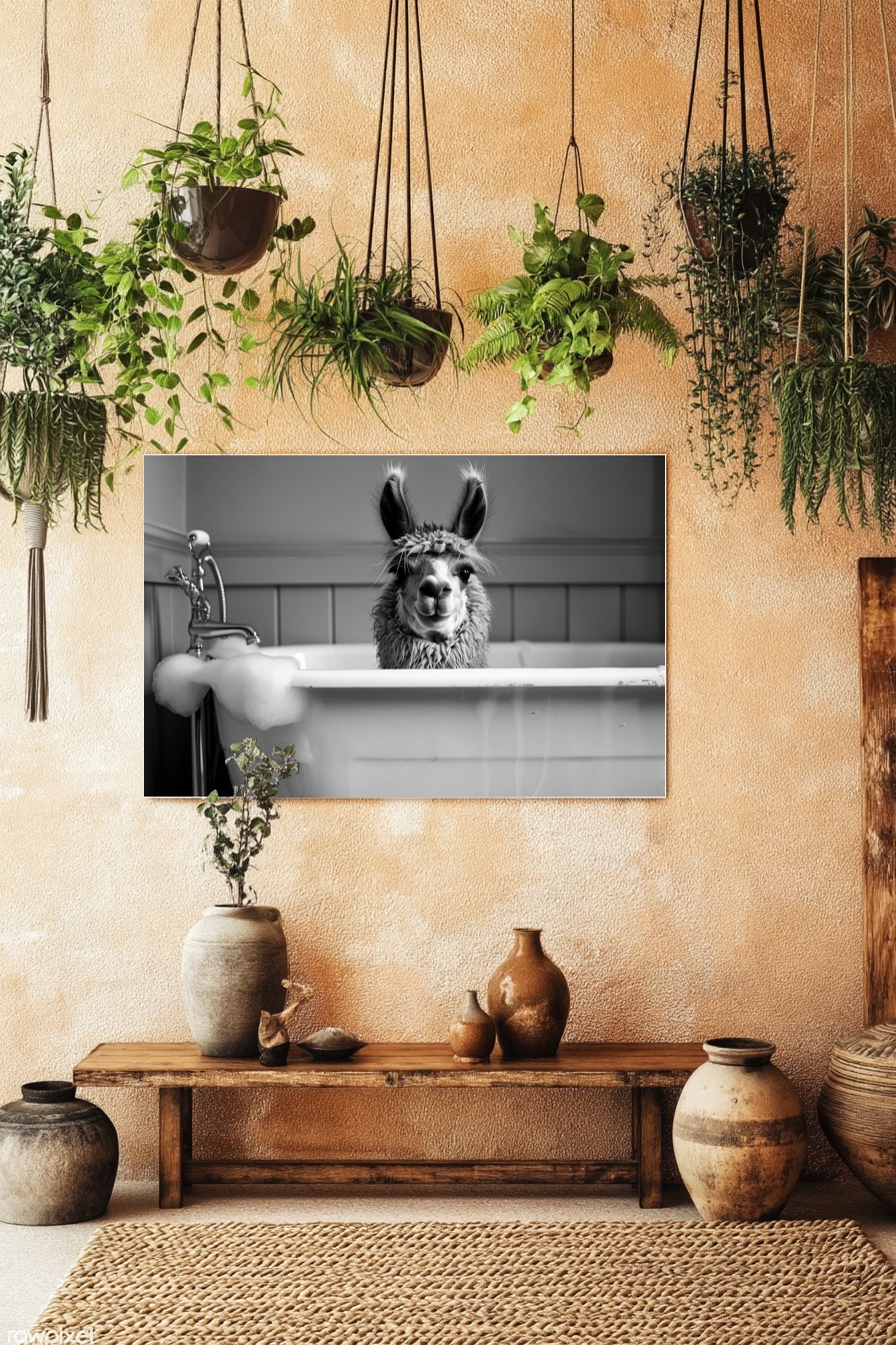Fotografie Poster Alpaka Badewanne schwarz-weiß