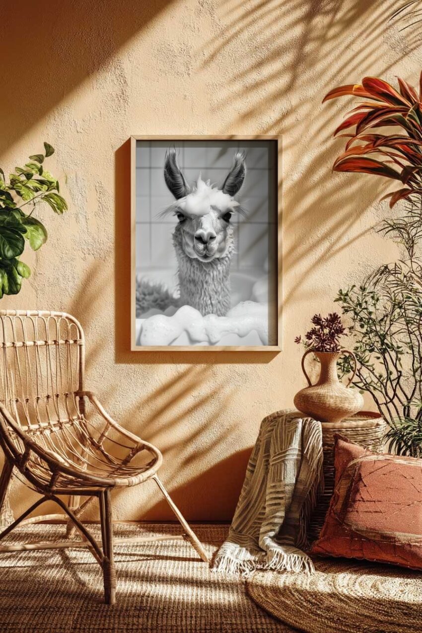 Fotografie Poster Alpaka schwarz-weiß Schaumbad