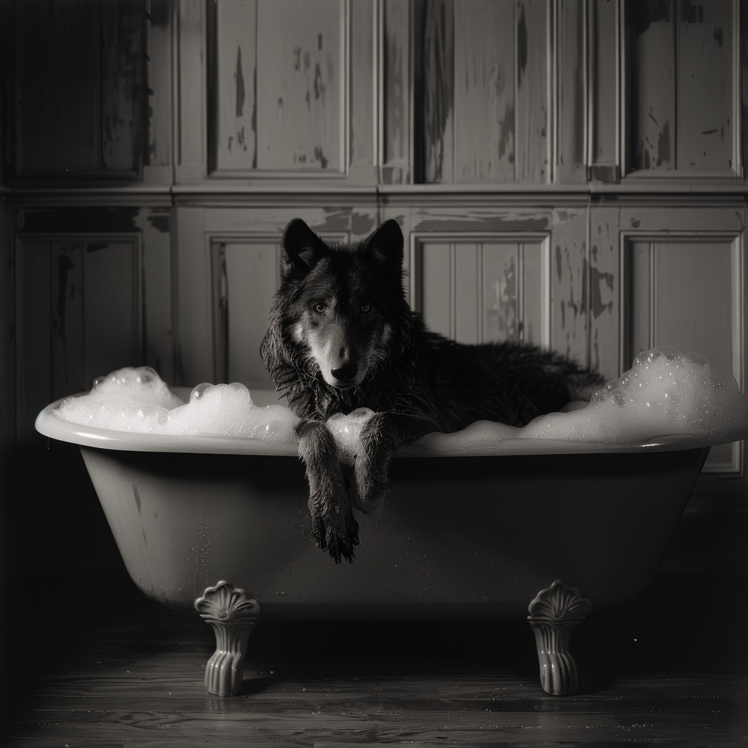 Fotografie Poster Wolf Badewanne schwarz-weiß