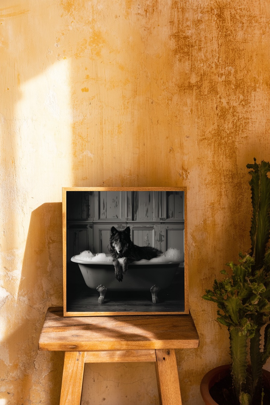 Fotografie Poster Wolf Badewanne schwarz-weiß
