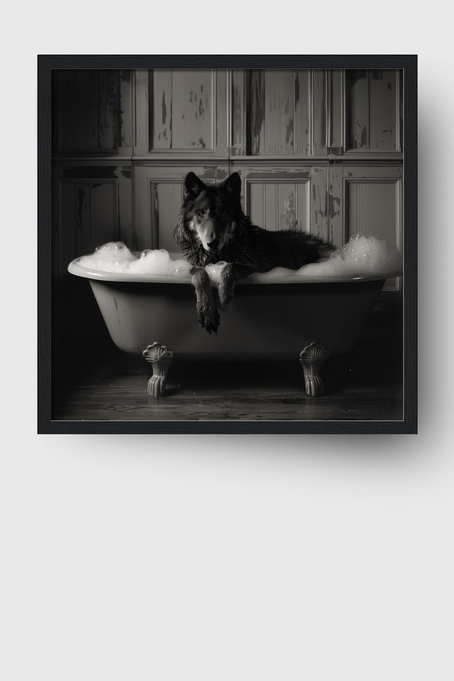 Fotografie Poster Wolf Badewanne schwarz-weiß
