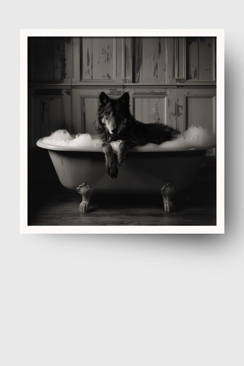 Fotografie Poster Wolf Badewanne schwarz-weiß