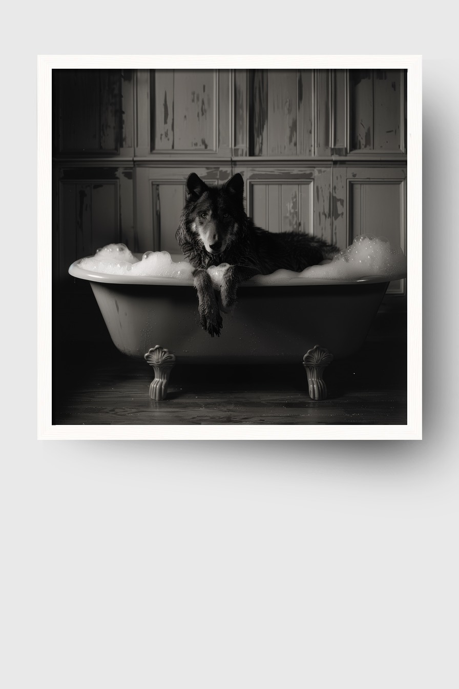 Fotografie Poster Wolf Badewanne schwarz-weiß