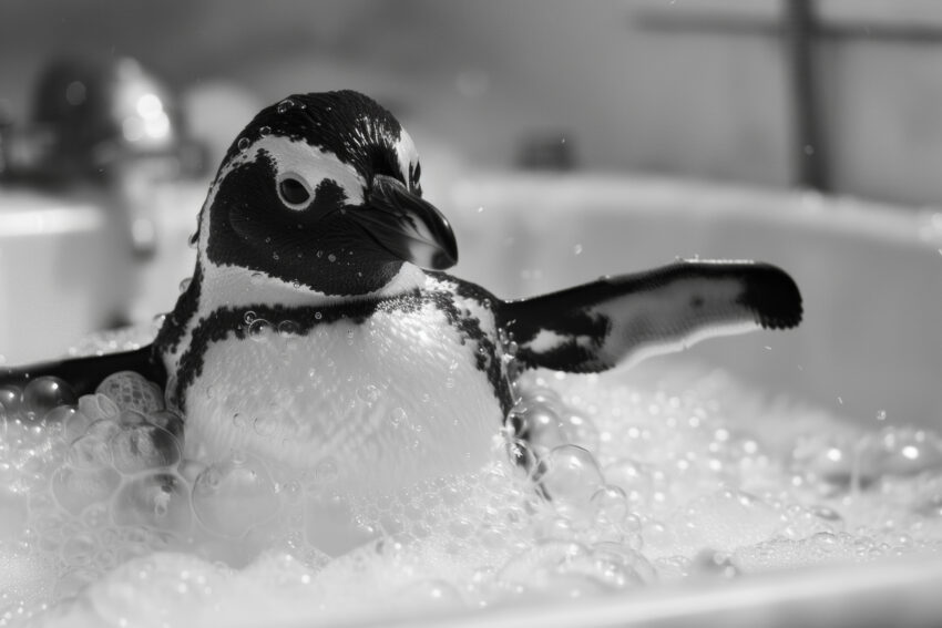 Fotografie Poster Pinguin schwarz-weiß Badewanne Schaum