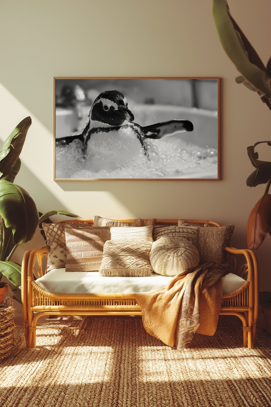 Fotografie Poster Pinguin schwarz-weiß Badewanne Schaum