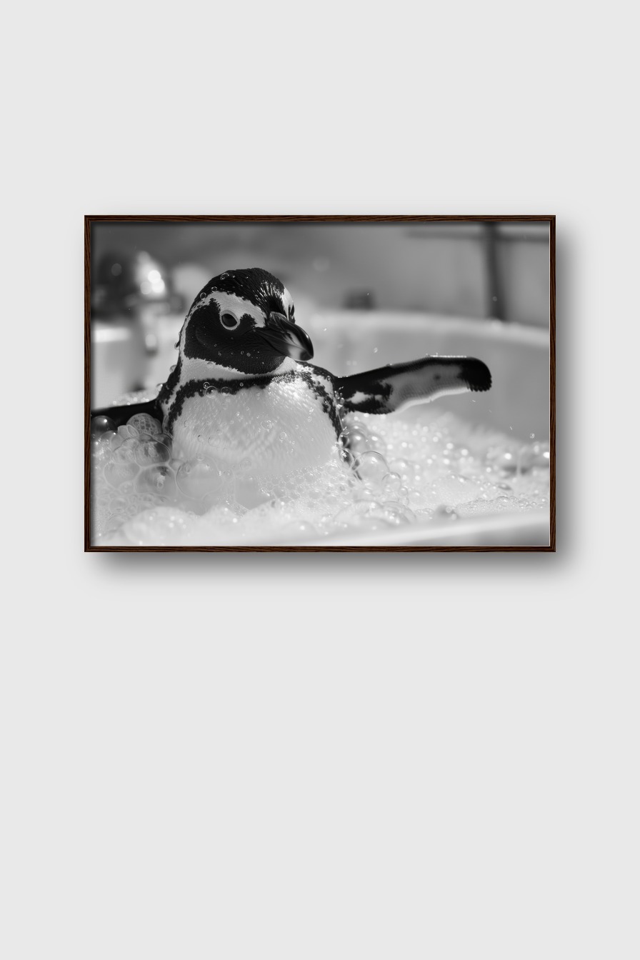 Fotografie Poster Pinguin schwarz-weiß Badewanne Schaum
