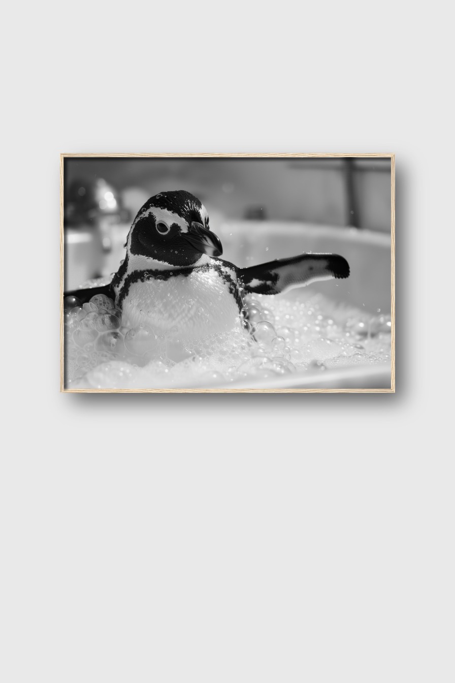 Fotografie Poster Pinguin schwarz-weiß Badewanne Schaum