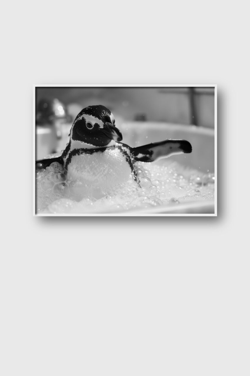 Fotografie Poster Pinguin schwarz-weiß Badewanne Schaum