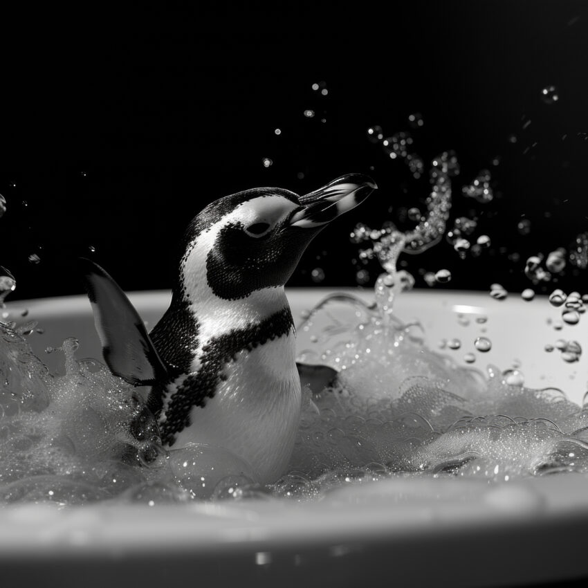 Fotografie Poster Pinguin schwarz-weiß Schaumbad Wasser