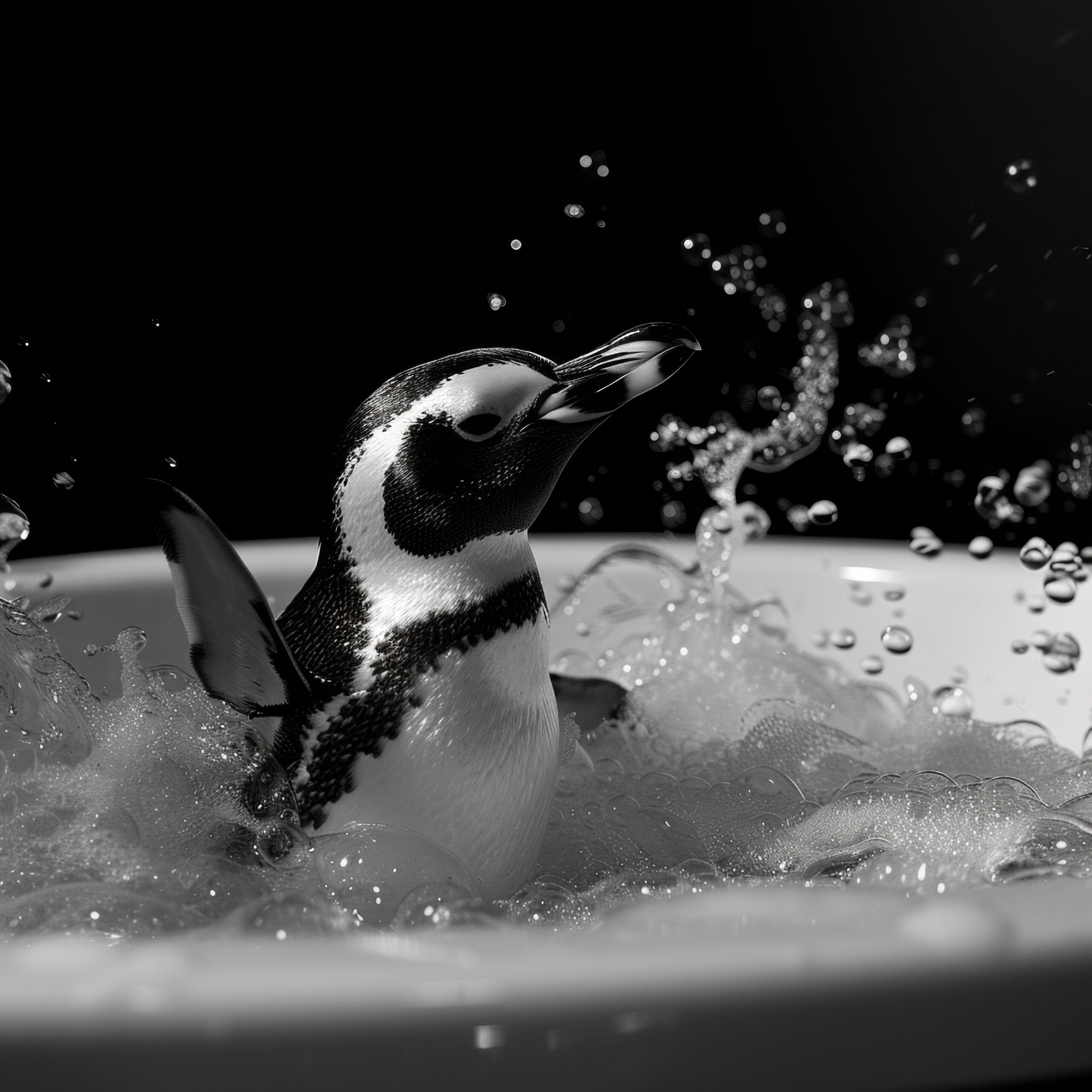Fotografie Poster Pinguin schwarz-weiß Schaumbad Wasser
