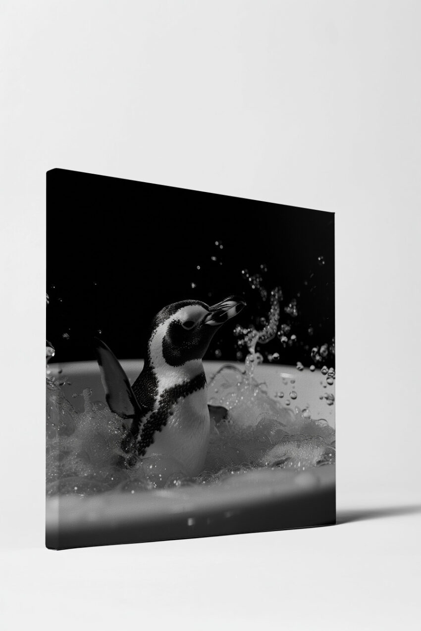 Fotografie Poster Pinguin schwarz-weiß Schaumbad Wasser