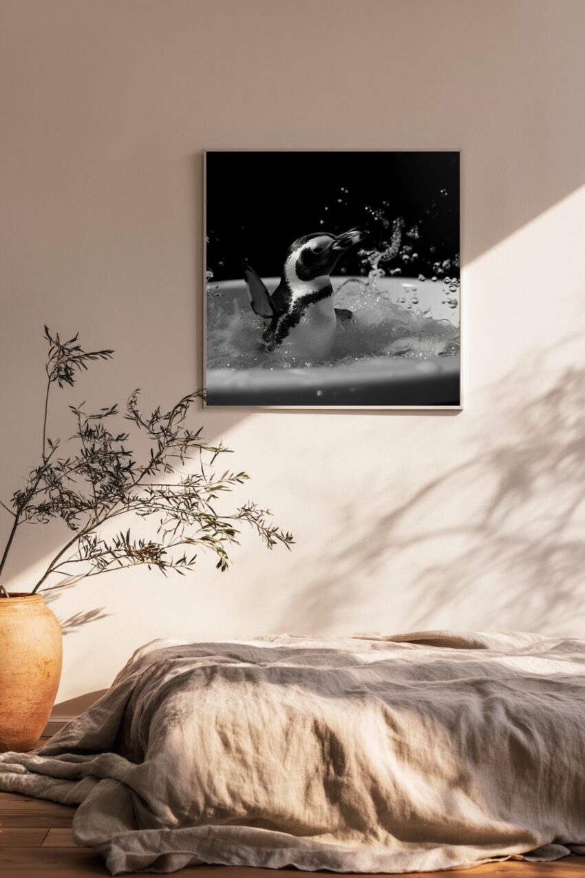 Fotografie Poster Pinguin schwarz-weiß Schaumbad Wasser