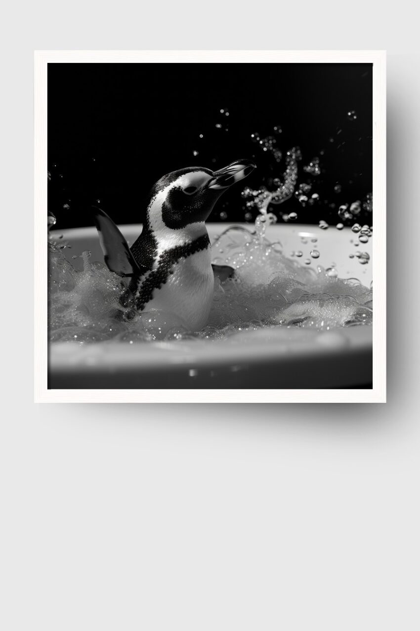 Fotografie Poster Pinguin schwarz-weiß Schaumbad Wasser