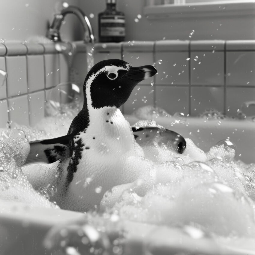 Fotografie Poster Pinguin schwarz-weiß Badewanne Schaum