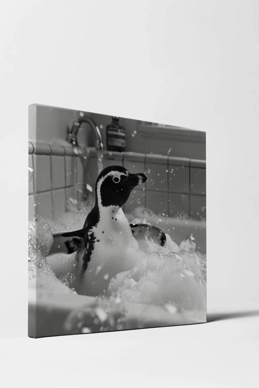 Fotografie Poster Pinguin schwarz-weiß Badewanne Schaum