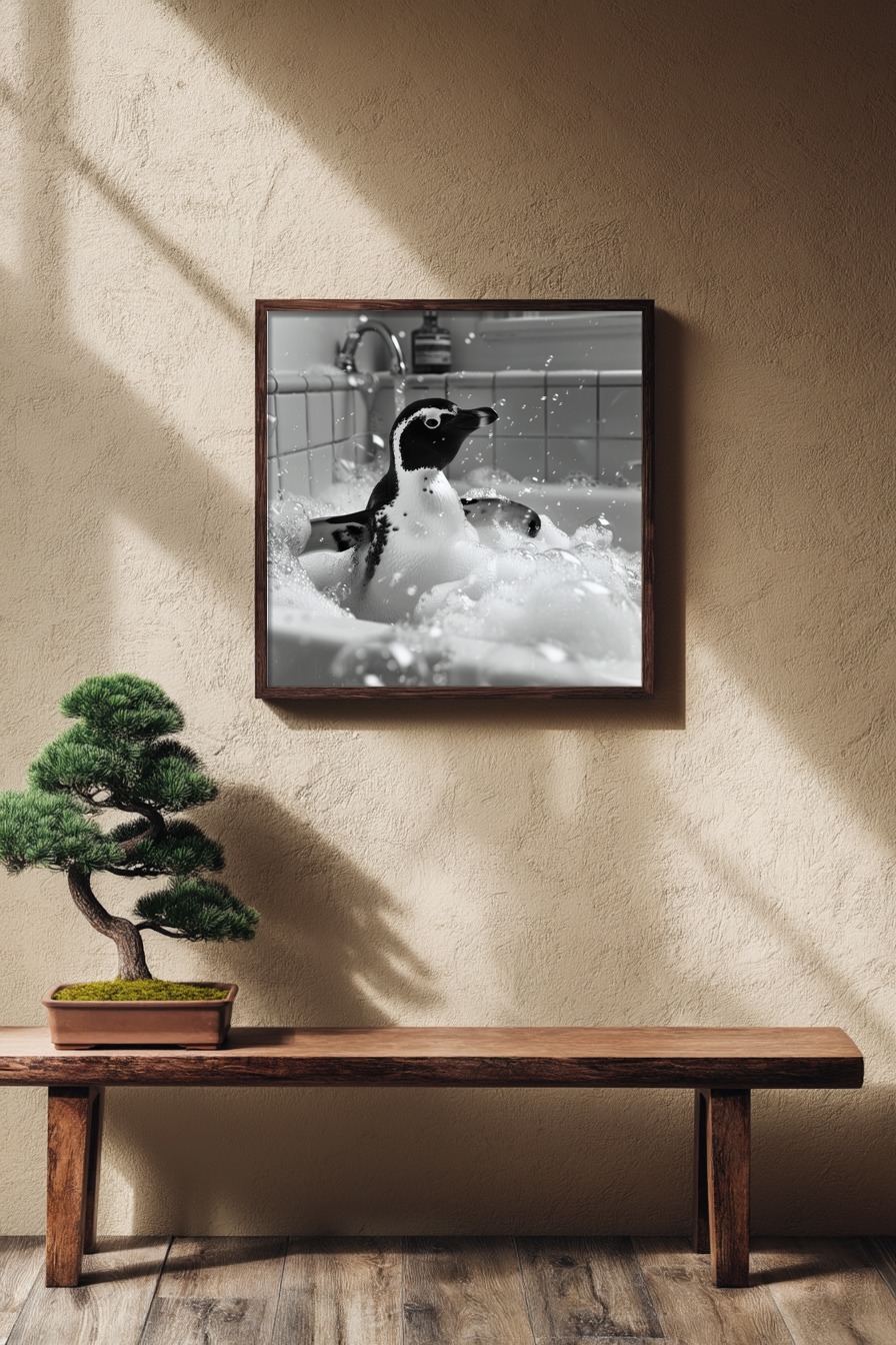 Fotografie Poster Pinguin schwarz-weiß Badewanne Schaum