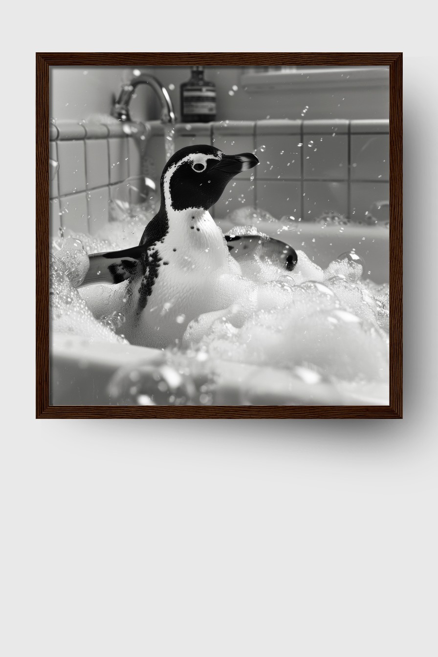 Fotografie Poster Pinguin schwarz-weiß Badewanne Schaum