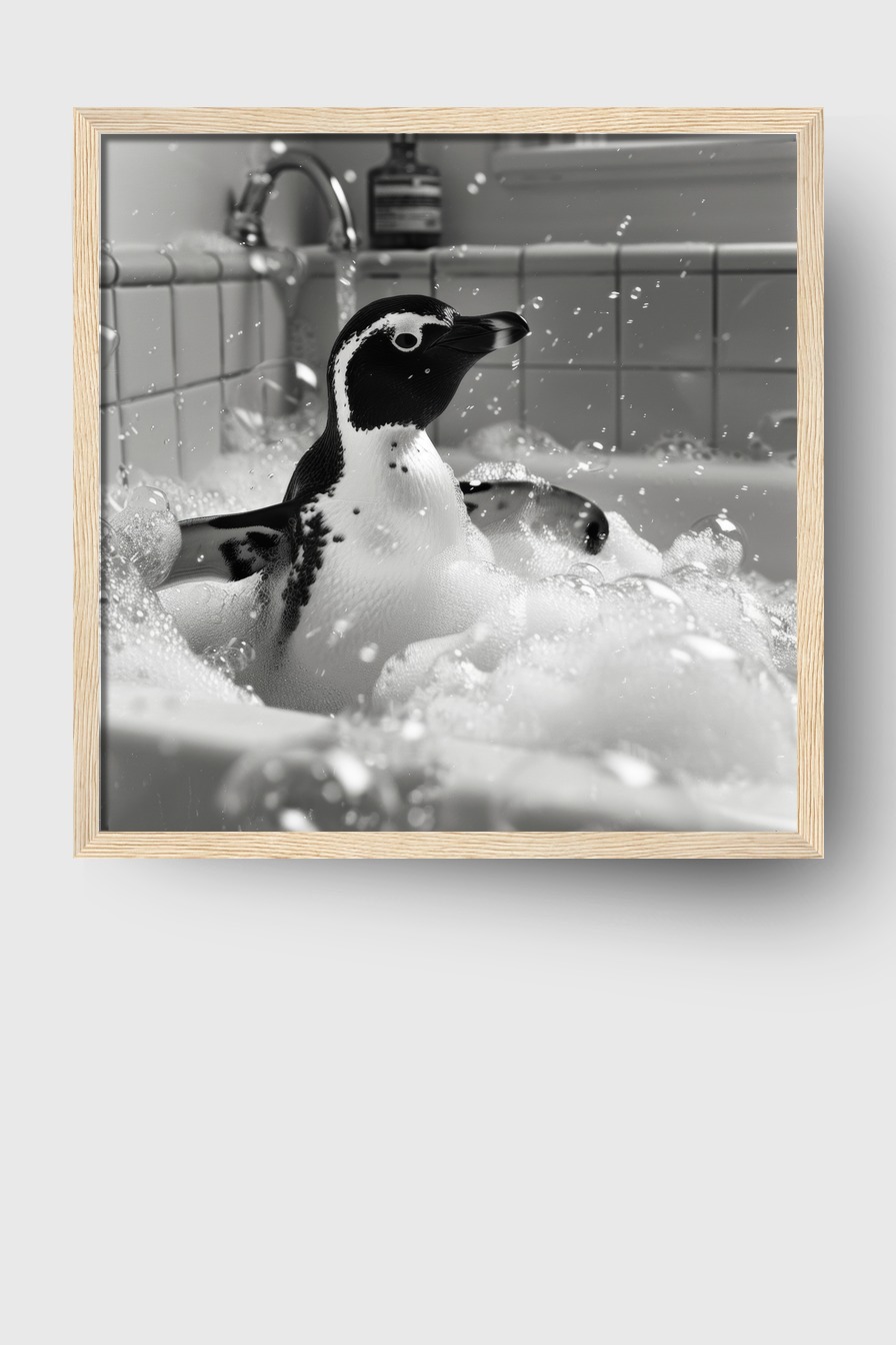 Fotografie Poster Pinguin schwarz-weiß Badewanne Schaum