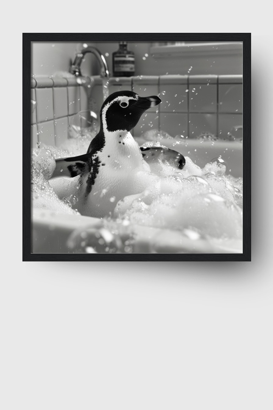 Fotografie Poster Pinguin schwarz-weiß Badewanne Schaum