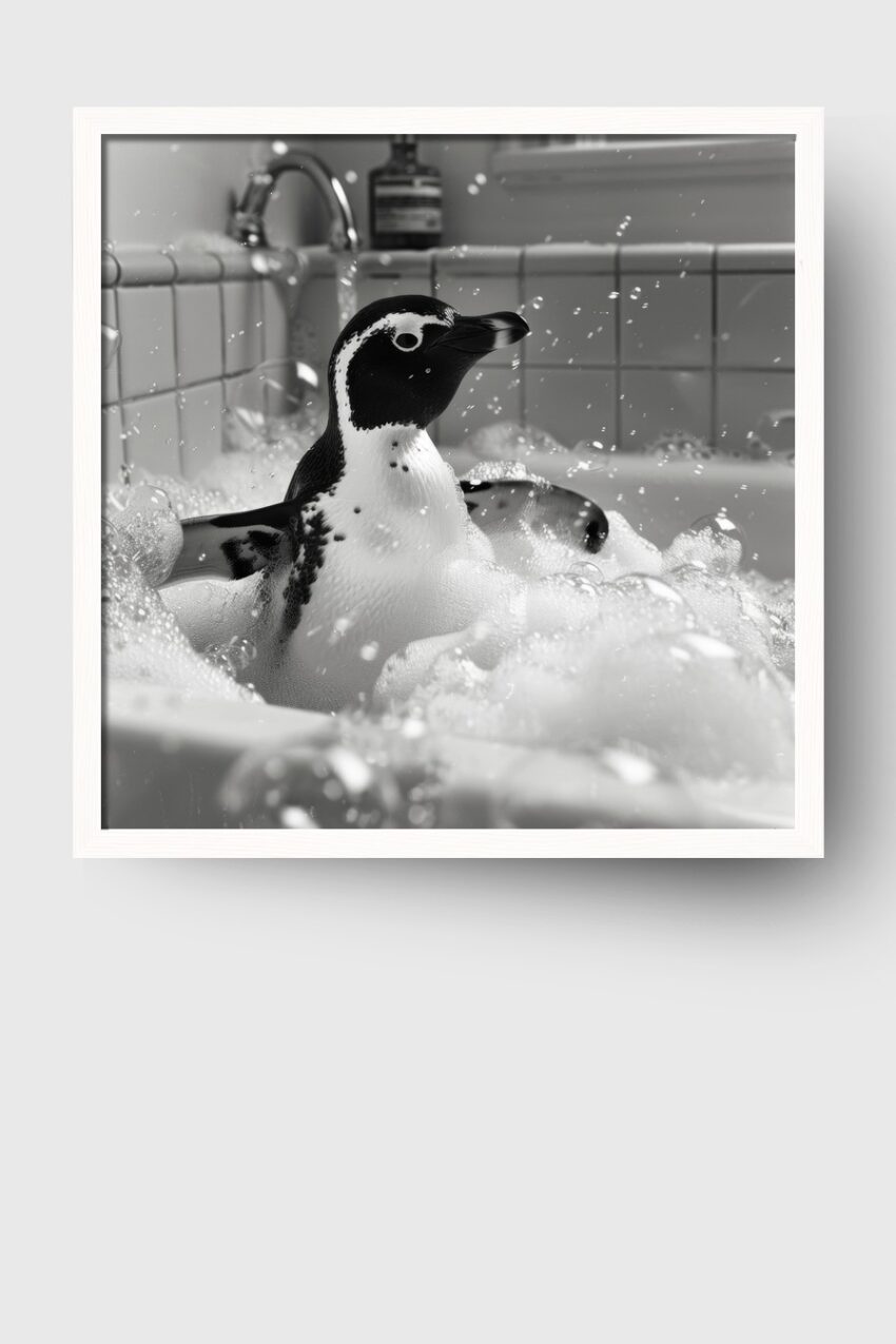 Fotografie Poster Pinguin schwarz-weiß Badewanne Schaum