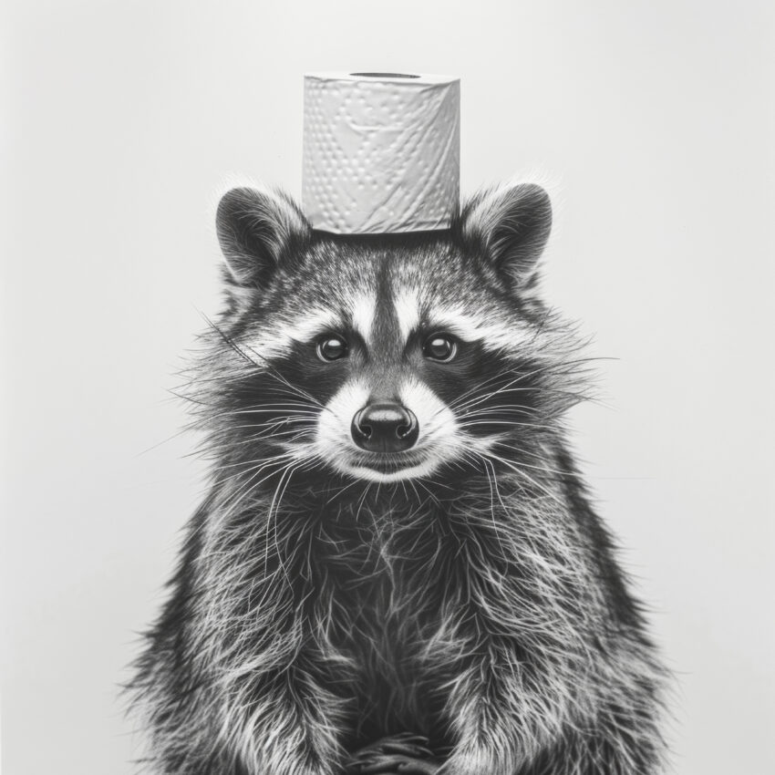 Fotografie Poster Waschbär Toilettenrolle schwarz-weiß