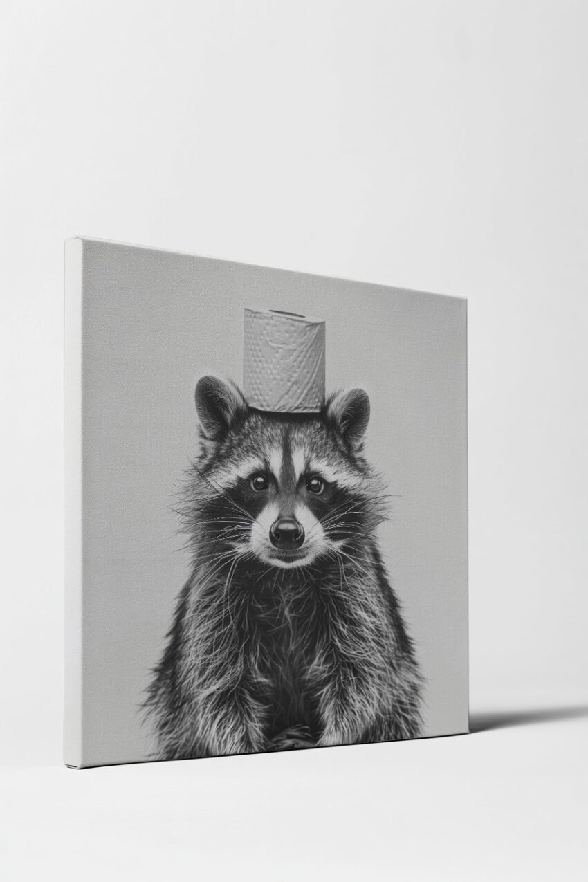 Fotografie Poster Waschbär Toilettenrolle schwarz-weiß