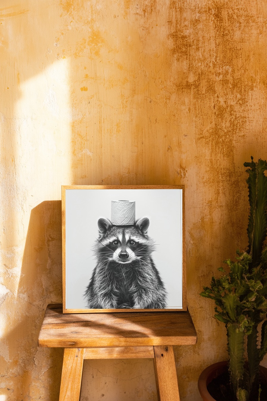 Fotografie Poster Waschbär Toilettenrolle schwarz-weiß
