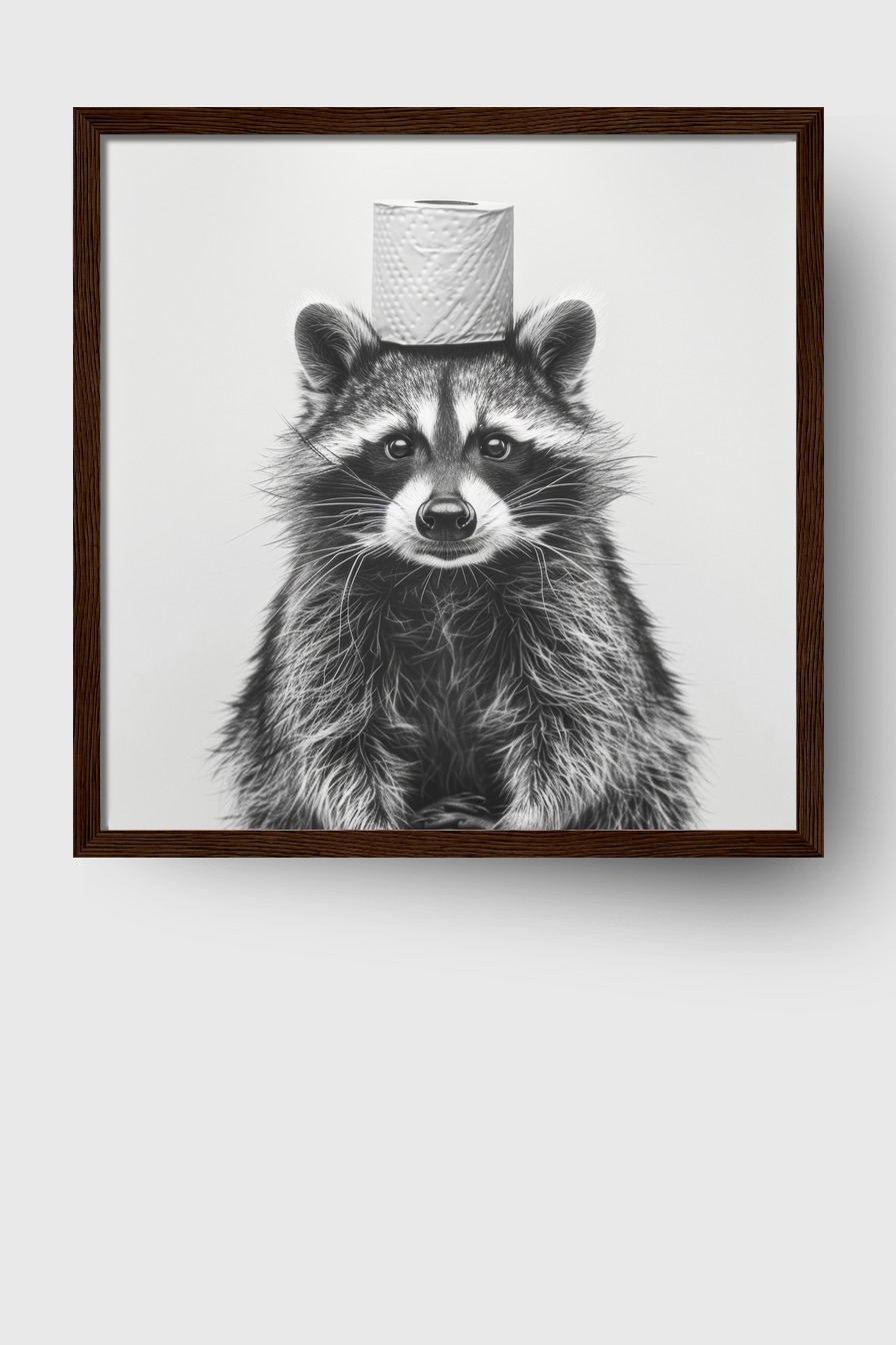 Fotografie Poster Waschbär Toilettenrolle schwarz-weiß