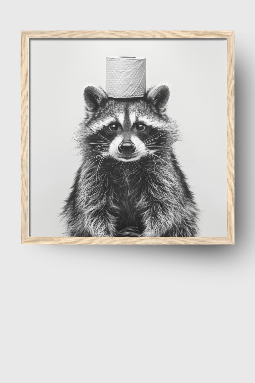 Fotografie Poster Waschbär Toilettenrolle schwarz-weiß