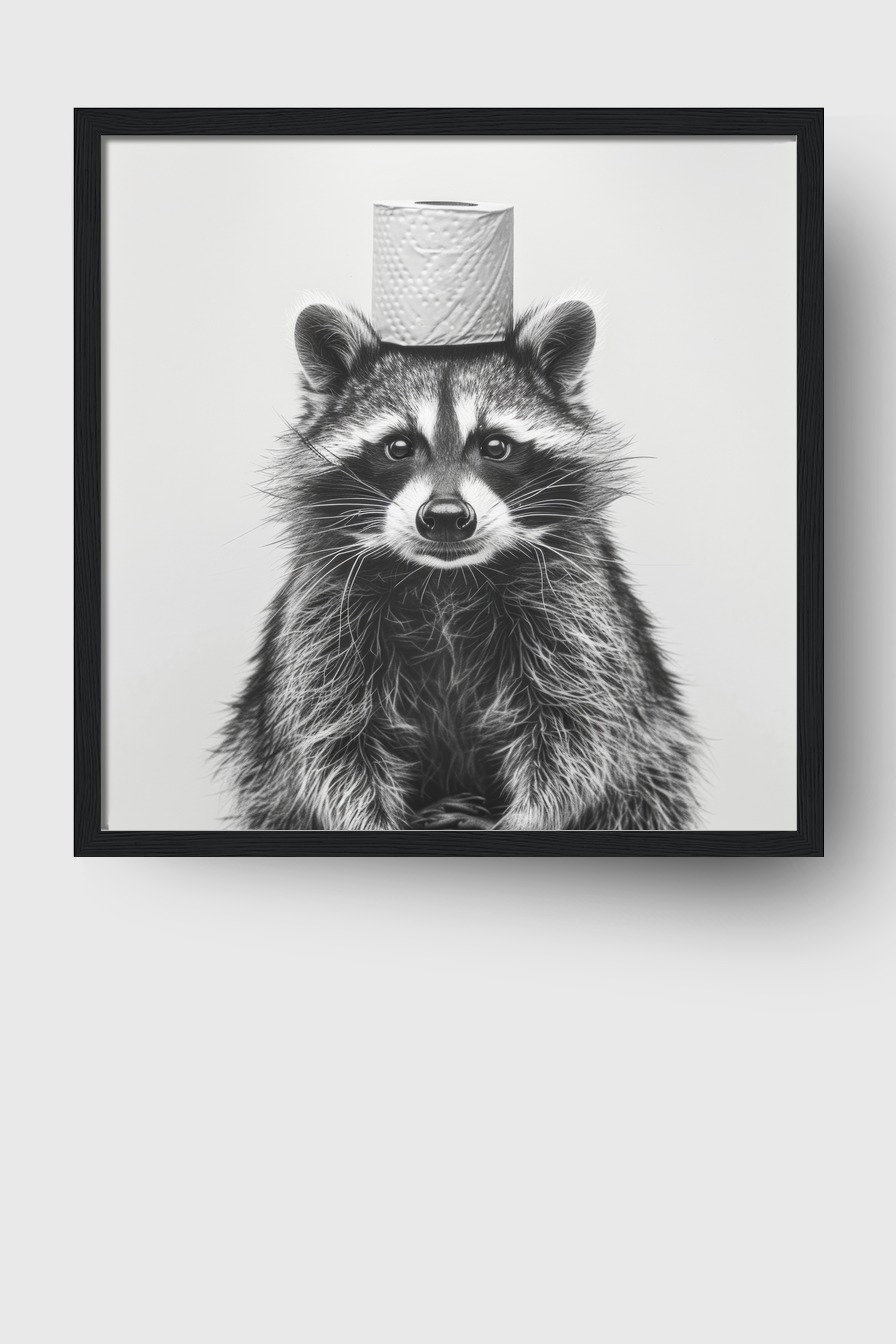 Fotografie Poster Waschbär Toilettenrolle schwarz-weiß