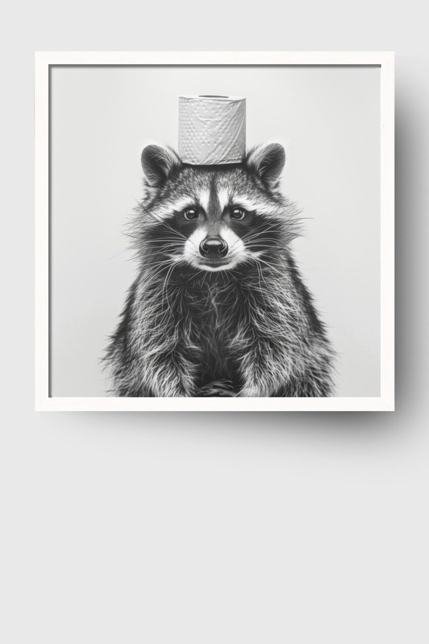 Fotografie Poster Waschbär Toilettenrolle schwarz-weiß