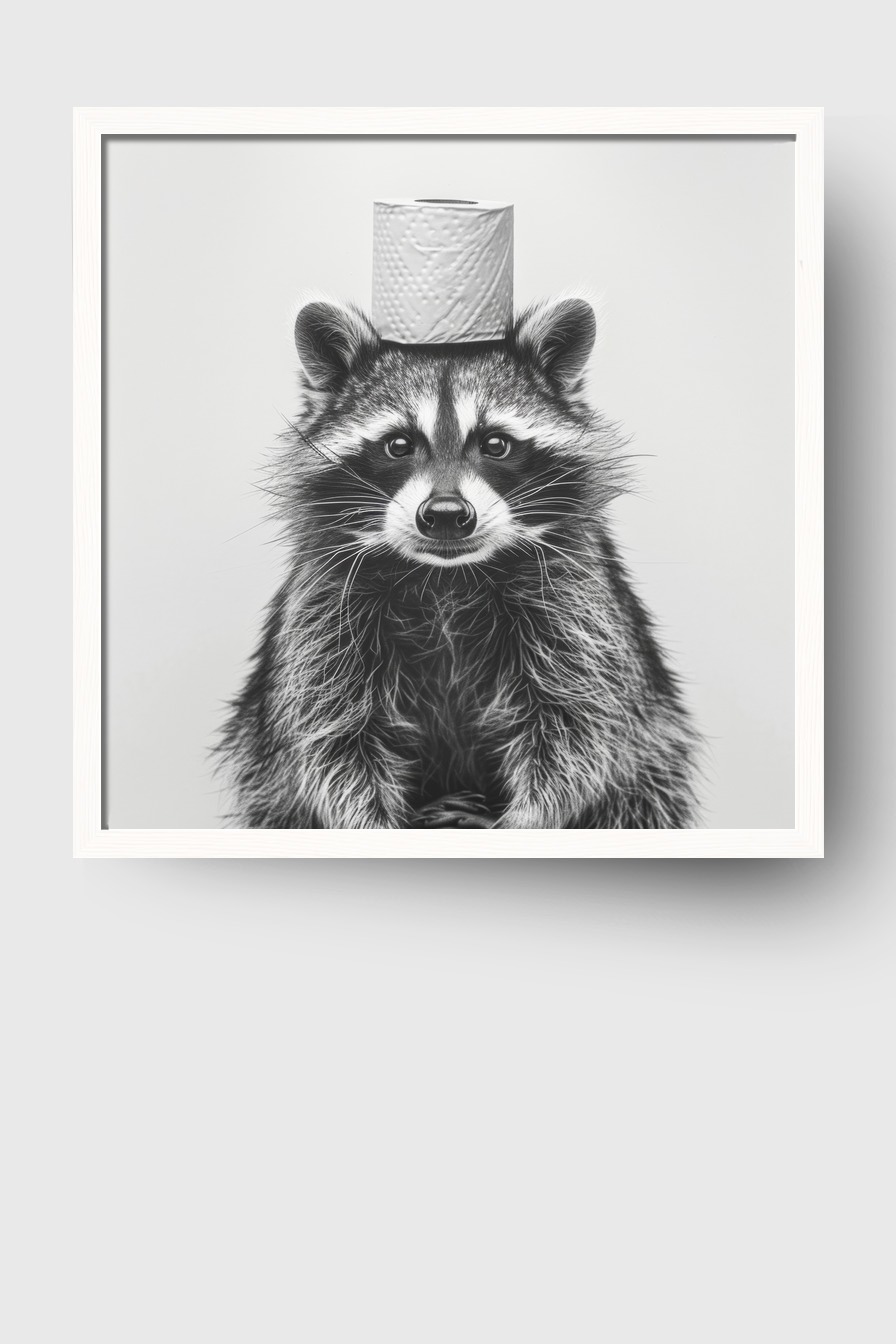 Fotografie Poster Waschbär Toilettenrolle schwarz-weiß