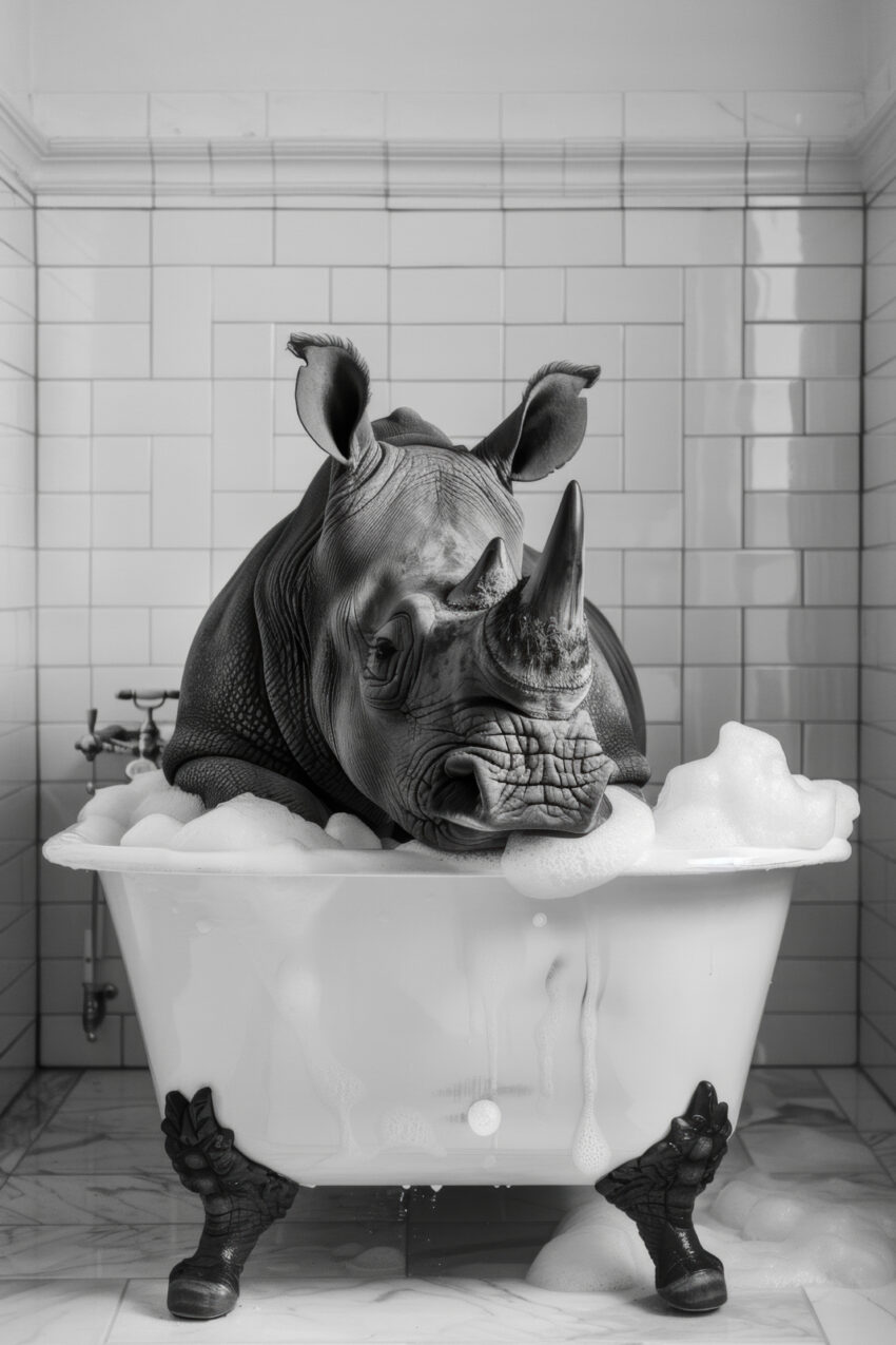 Fotografie Poster Nashorn Badewanne schwarz-weiß