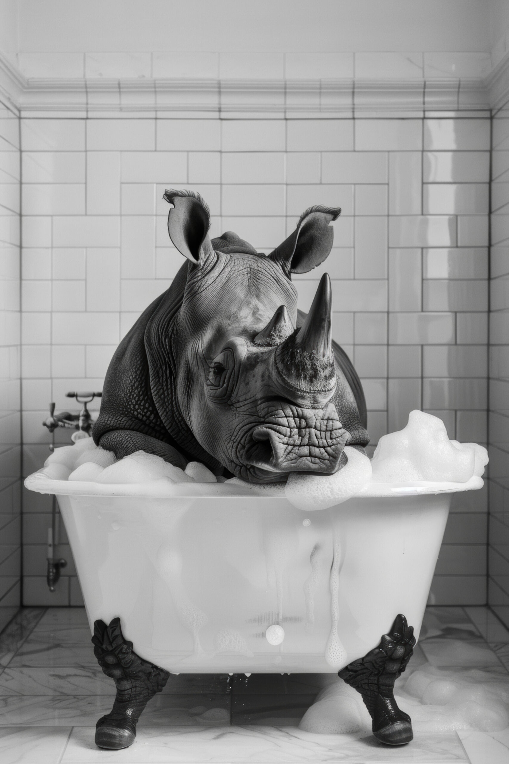 Fotografie Poster Nashorn Badewanne schwarz-weiß
