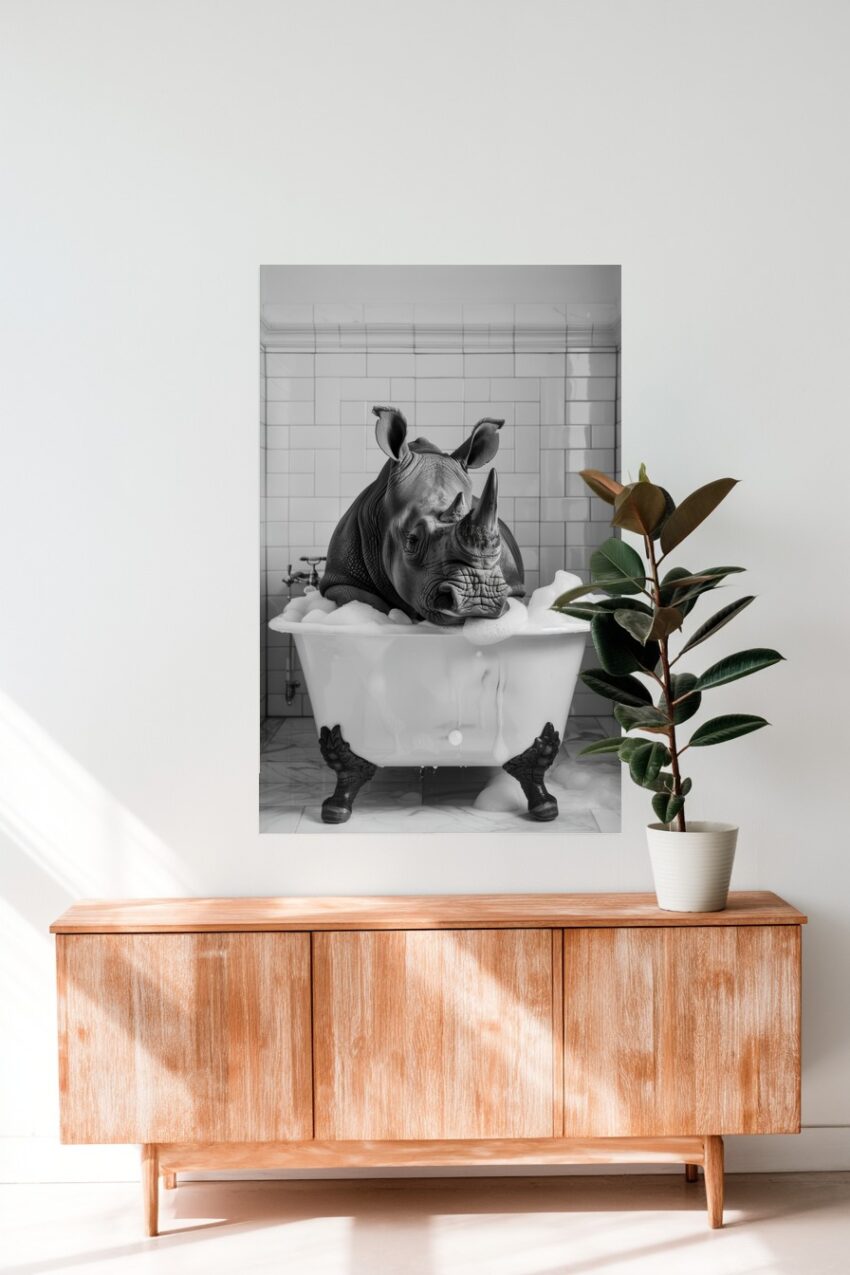 Fotografie Poster Nashorn Badewanne schwarz-weiß