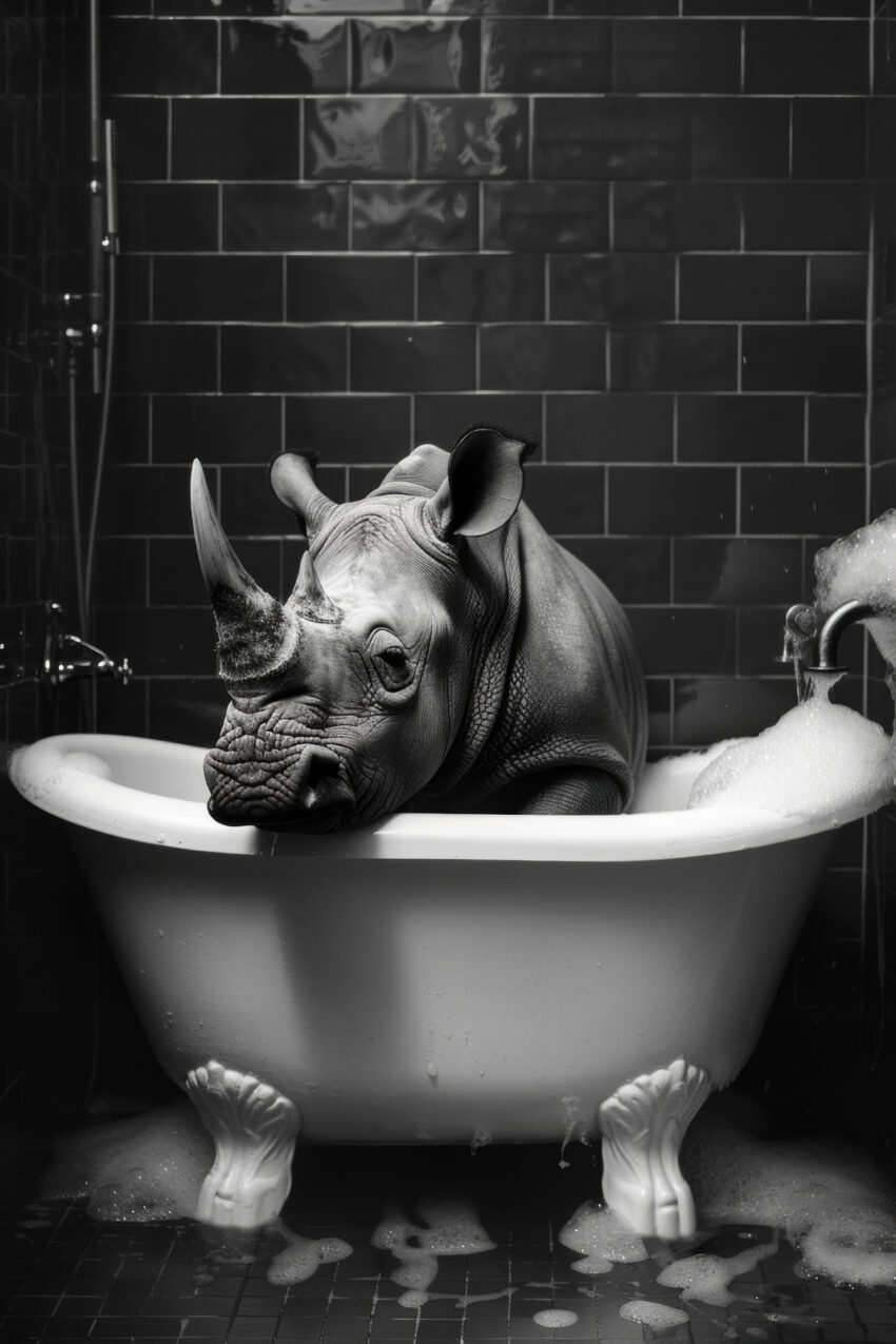 Fotografie Poster Nashorn Badewanne schwarz-weiß