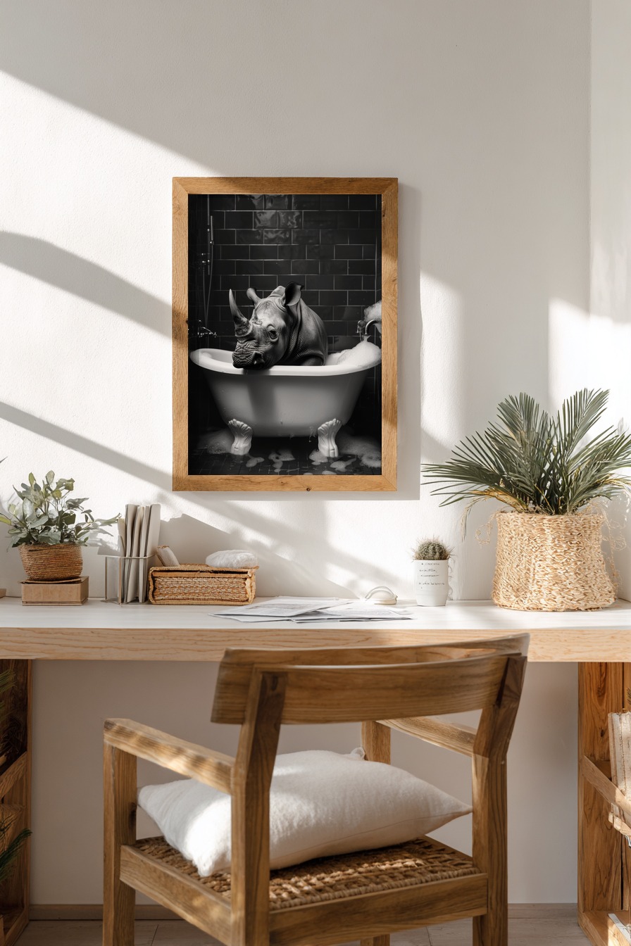 Fotografie Poster Nashorn Badewanne schwarz-weiß