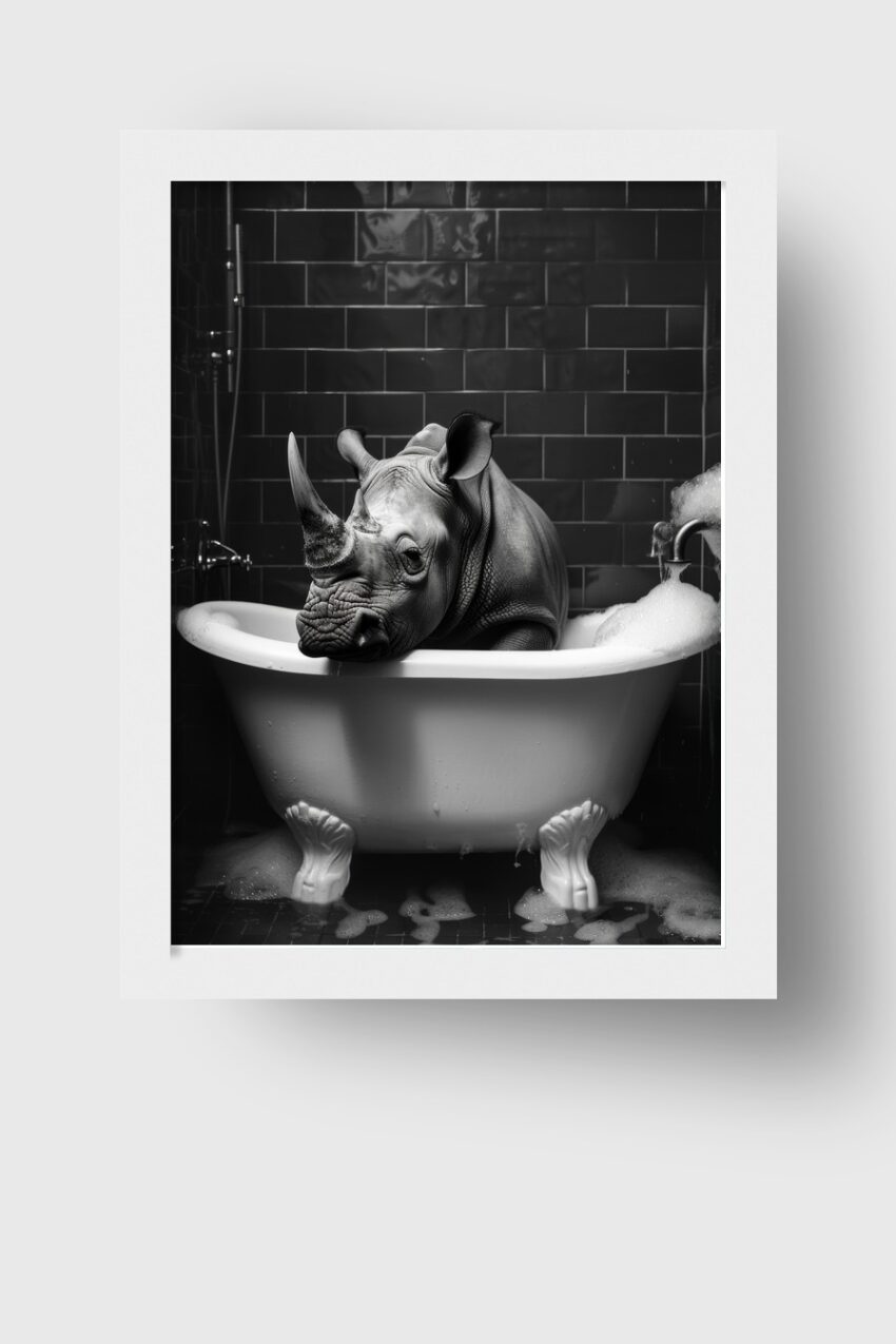 Fotografie Poster Nashorn Badewanne schwarz-weiß