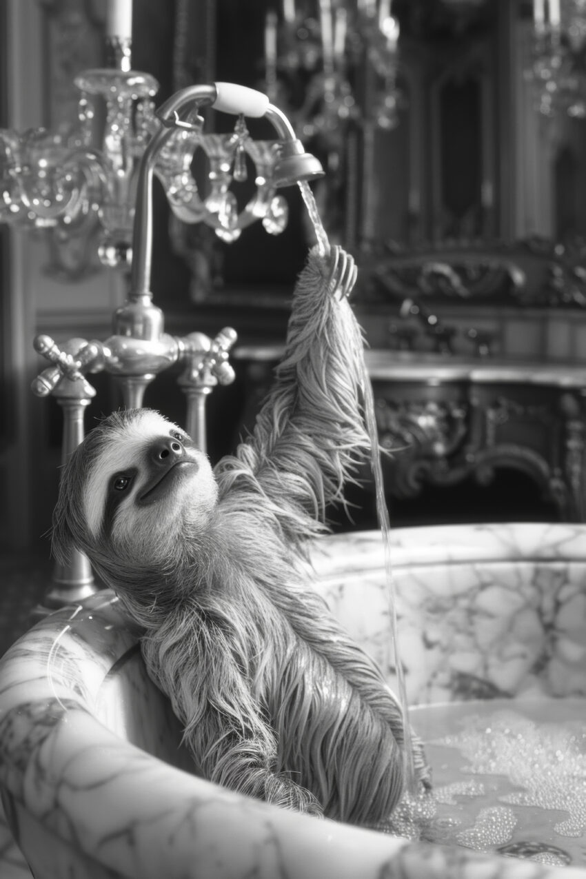 Fotografie Poster Faultier Wasserhahn Badewanne schwarz-weiß