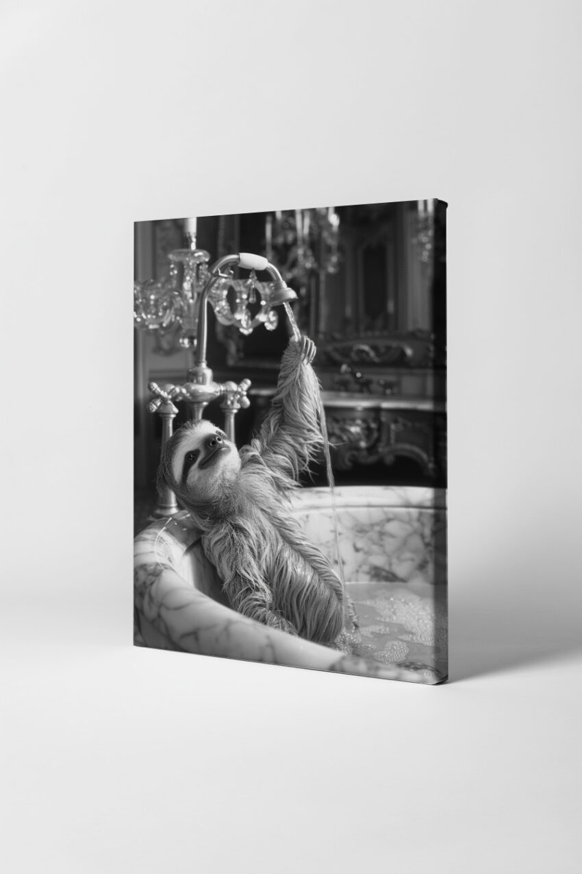 Fotografie Poster Faultier Wasserhahn Badewanne schwarz-weiß