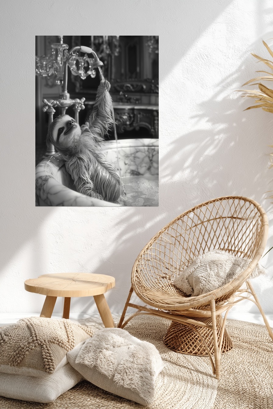 Fotografie Poster Faultier Wasserhahn Badewanne schwarz-weiß