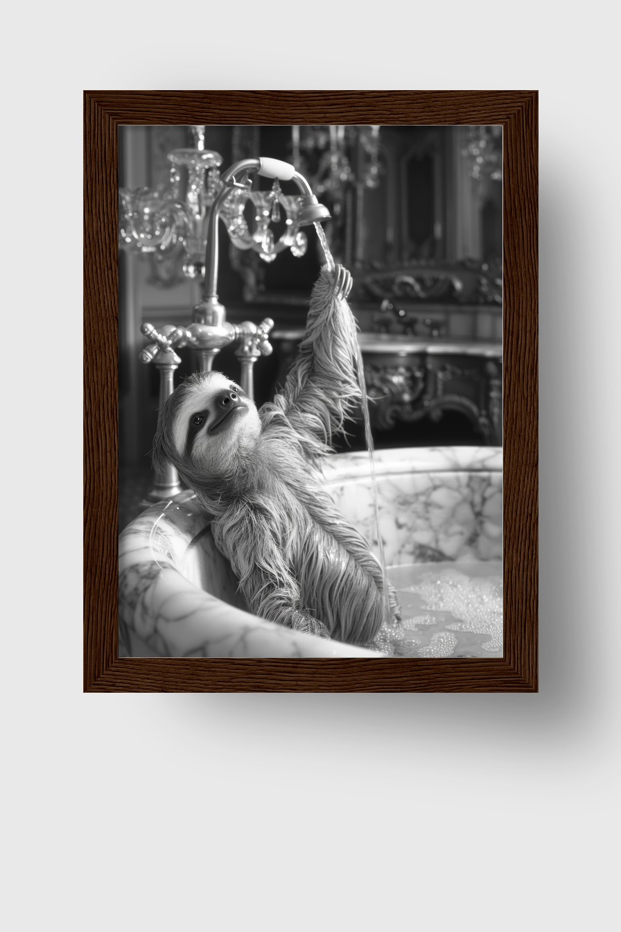 Fotografie Poster Faultier Wasserhahn Badewanne schwarz-weiß