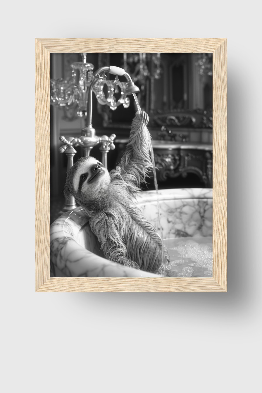 Fotografie Poster Faultier Wasserhahn Badewanne schwarz-weiß