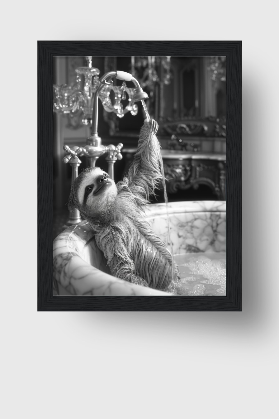 Fotografie Poster Faultier Wasserhahn Badewanne schwarz-weiß