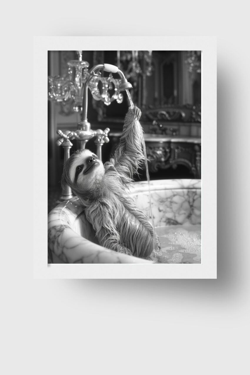 Fotografie Poster Faultier Wasserhahn Badewanne schwarz-weiß