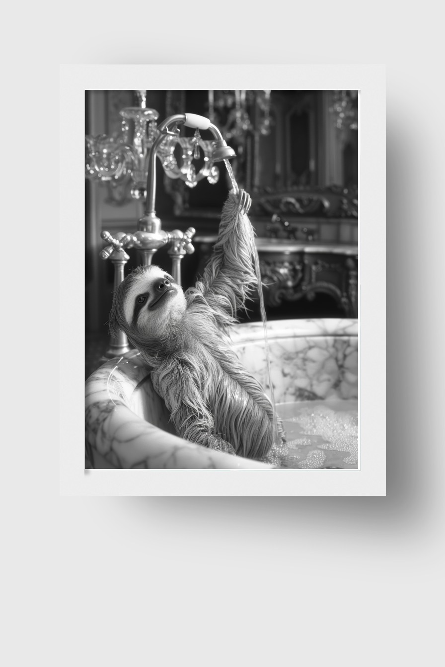 Fotografie Poster Faultier Wasserhahn Badewanne schwarz-weiß