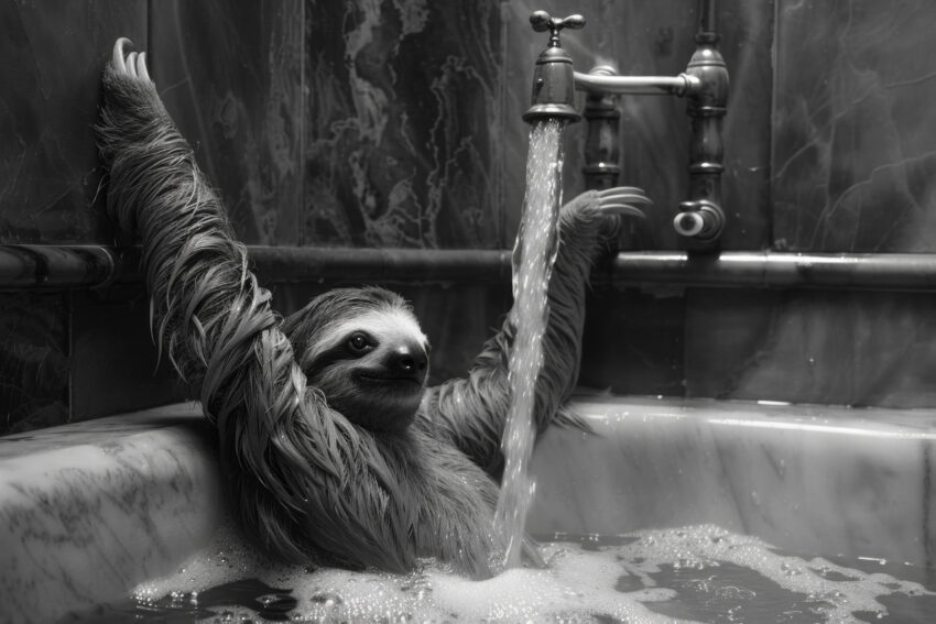 Fotografie Poster Faultier Badewanne schwarz-weiß