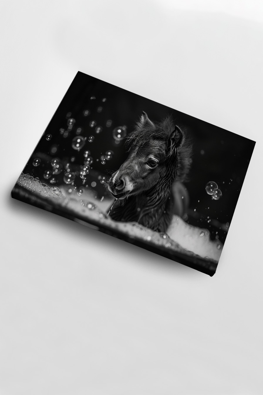 Fotografie Poster Fohlen schwarz-weiß Seifenblasen