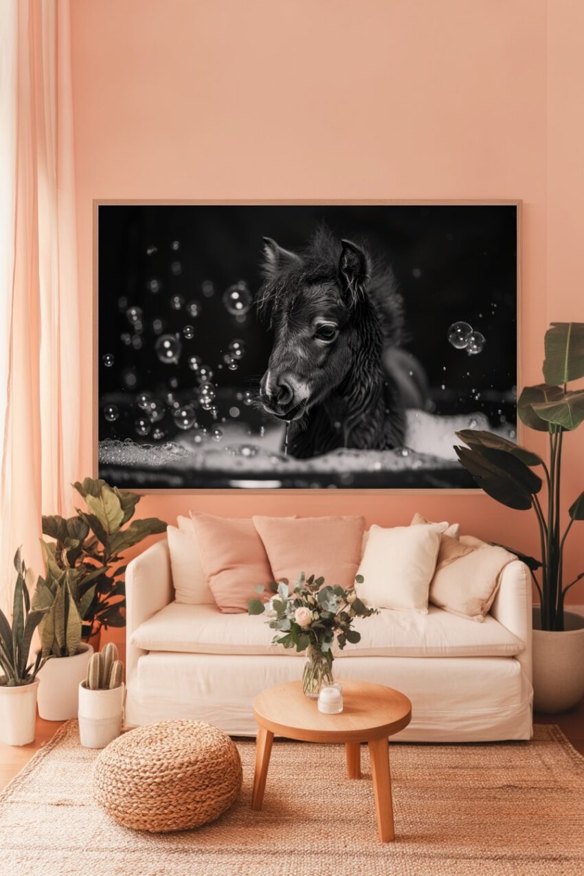 Fotografie Poster Fohlen schwarz-weiß Seifenblasen