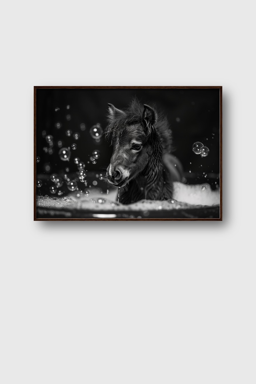 Fotografie Poster Fohlen schwarz-weiß Seifenblasen